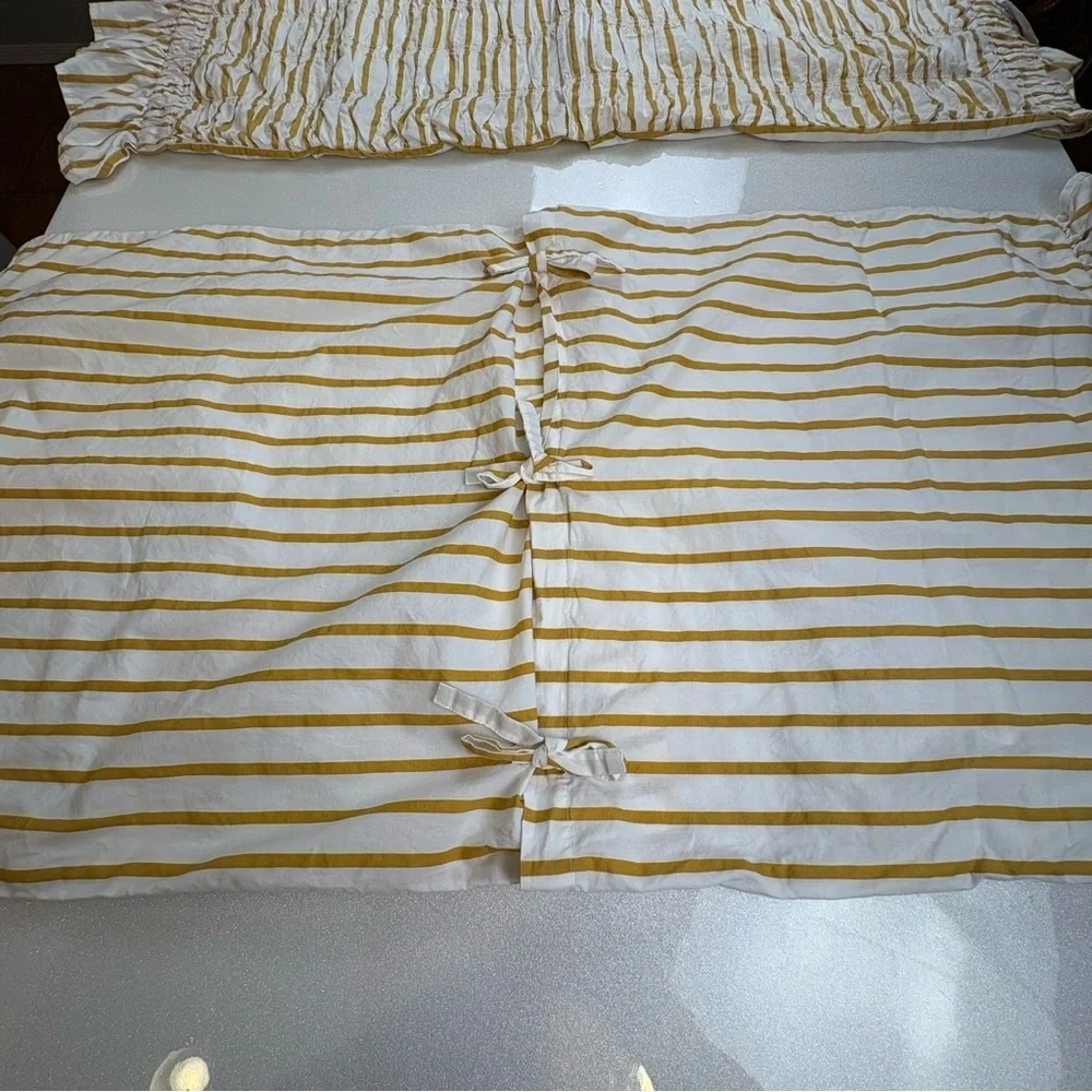 Anthropologie King Pillow Shams Mustard and White Striped Tie backs 100% Cotton